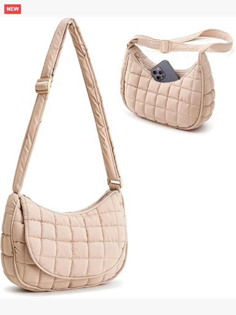 Lightweight Quilted Crescent Crossbody Bag With Pockets